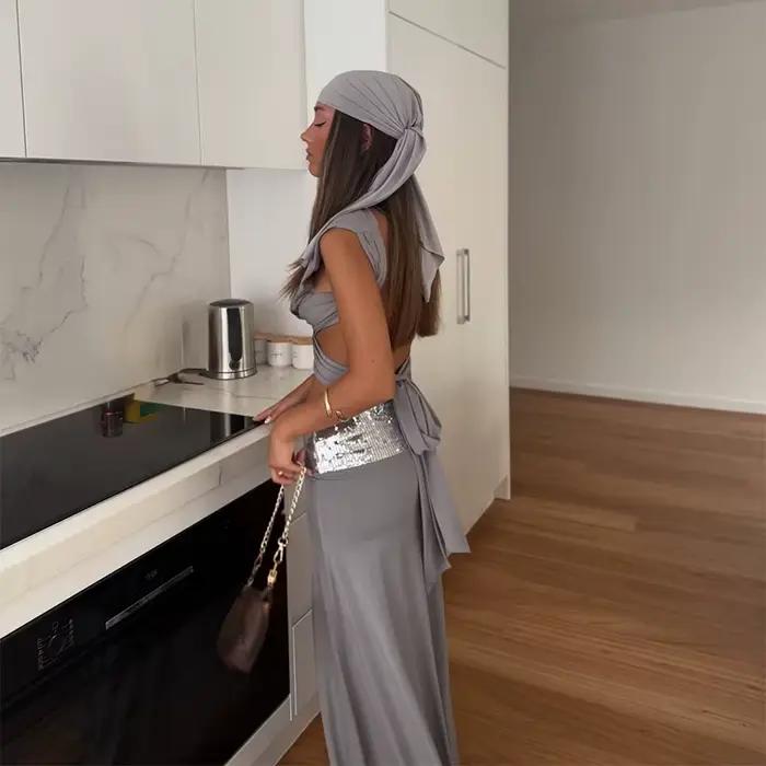 Jupe longue chic pour femmes élégante sans manches dos nu révélatrice du nombril vêtement de fête club nouvelles tenues