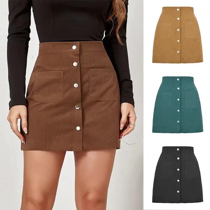 Vintage marron velours côtelé jupes pour femmes simple boutonnage coupe ajustée Mini jupe femme automne hiver coréen