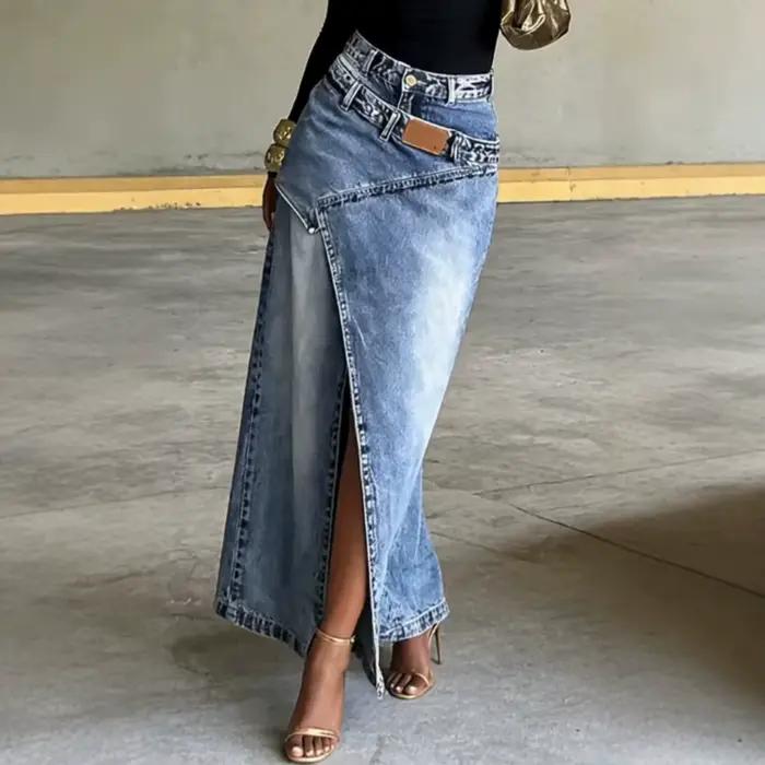Jupe longue en jean délavé taille haute asymétrique avec fente avant irrégulière pour femme