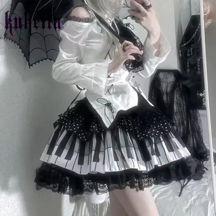 Kukeita Harajuku Y2k Punk Piano clé vague point dentelle jupe japonais gothique Lolita Kawaii gâteau
