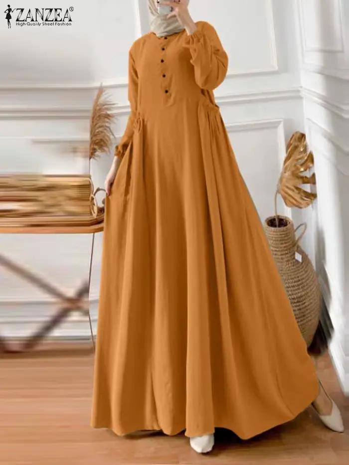 ZANZEA Eid Mubarek Abaya Robe longue musulmane femmes à manches longues Maxi Robe d'été Robe Femme turquie Hijab robes vêtements islamiques