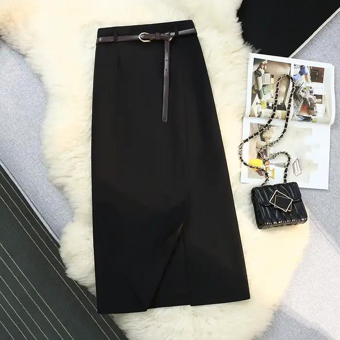 Jupes mi-longues pour femmes vintage, couleur unie, fendue sur le devant, taille haute, polyesters-coton, nouvelles collections printemps été 2024, bureau, ligne a