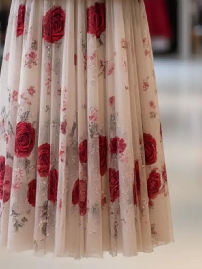 Subculturel élégant Vintage Rose imprimé jupe pour femmes été taille mince jupes moulantes 2026 nouveau maille Patchwork Faldas Mujer