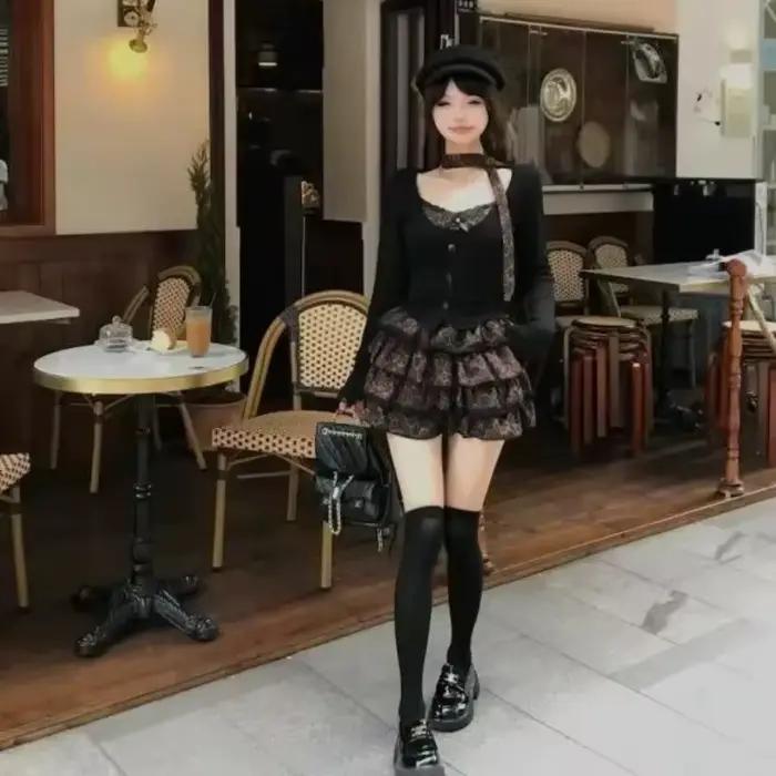 Ensemble Punk rétro sexy junior KAMEHARA en polyester haut manches longues jupe à gâteau pour femmes toutes les saisons occasions spéciales