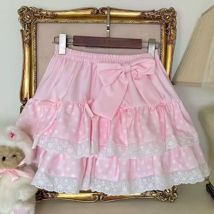 Mini jupe en dentelle à pois Kawaii pour femmes