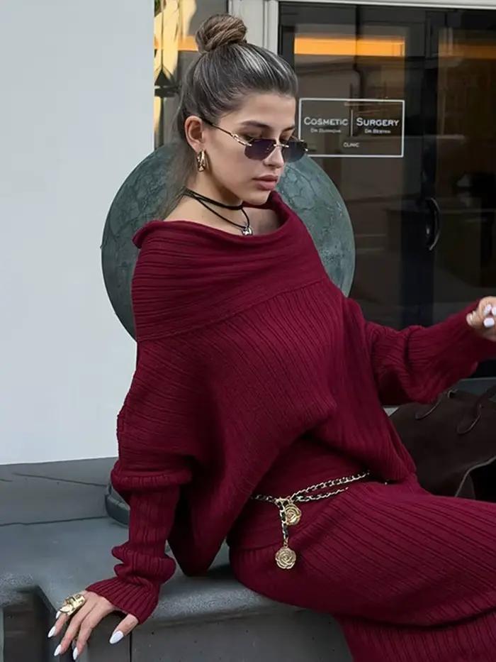 Ensemble jupe longue en tricot bordeaux pour femme