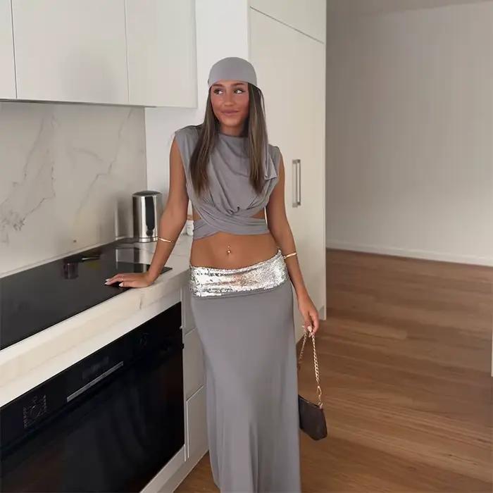 Jupe longue chic pour femmes élégante sans manches dos nu révélatrice du nombril vêtement de fête club nouvelles tenues