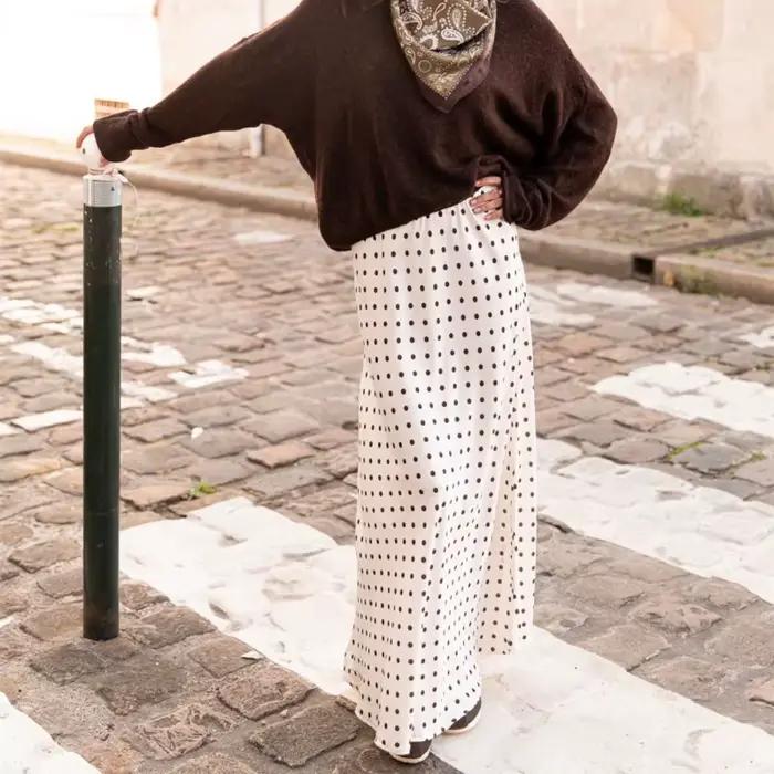 Jupe maxi à pois vintage élégante et confortable pour femmes, polyvalente et adaptée aux saisons printemps et automne