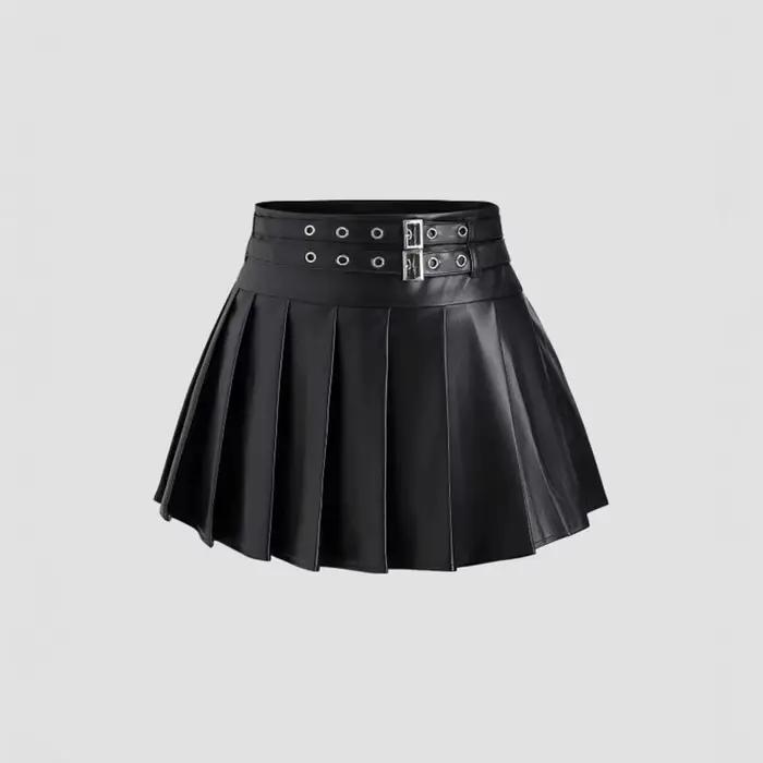 Nouvelle jupe plissée trapèze taille haute en similicuir noir pour femme 2026