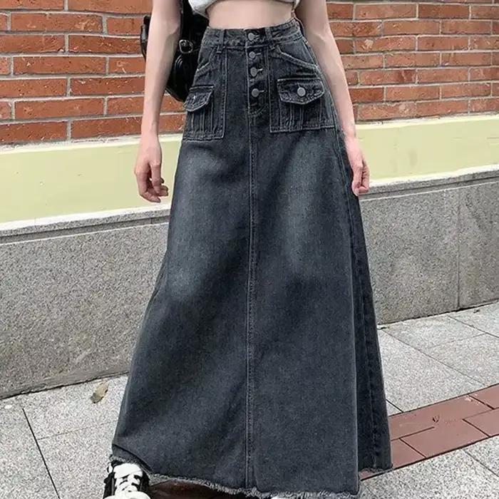 Biyaby-Jupe longue en denim à simple boutonnage pour femmes