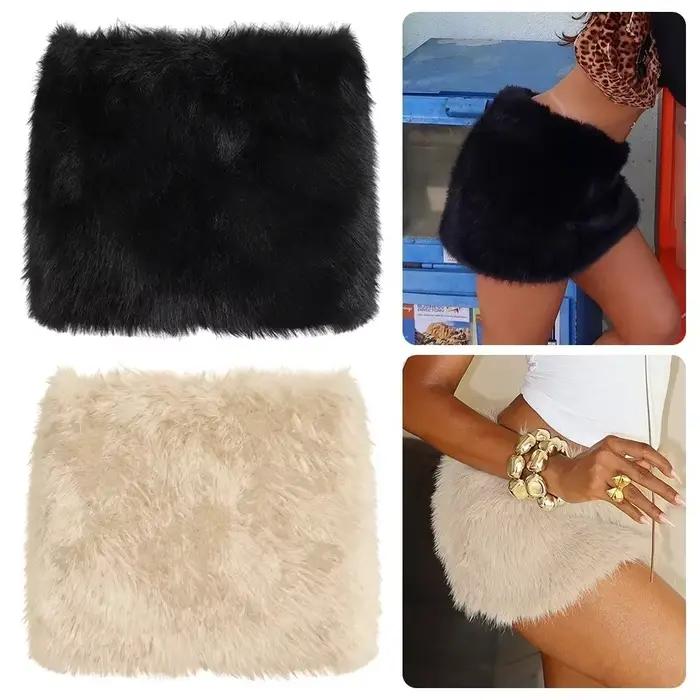 Mode luxe hanche jupe fourrure artificielle taille basse Mini