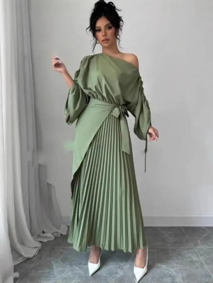 Robe de soirée trapèze plissée verte pour femmes