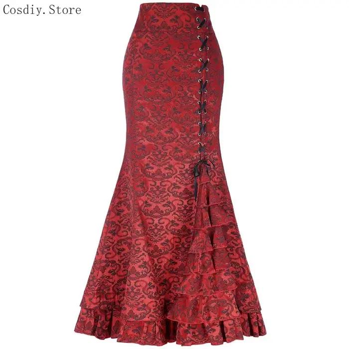 Jacquard sirène jupe moulante Vintage Maxi étage femmes à lacets
