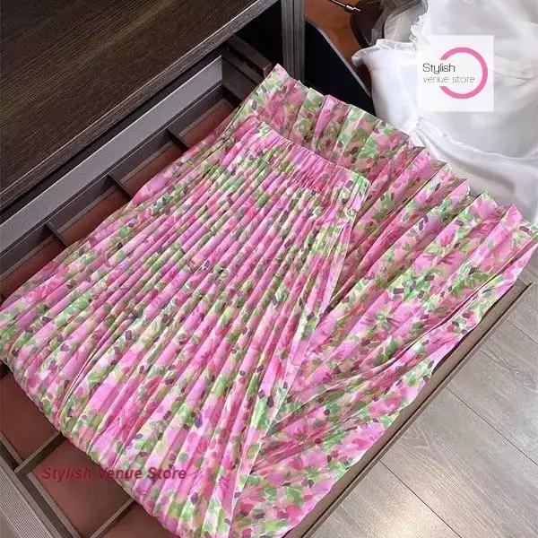 Jupe plissée florale rose japonaise femme été nouvelle mode taille haute
