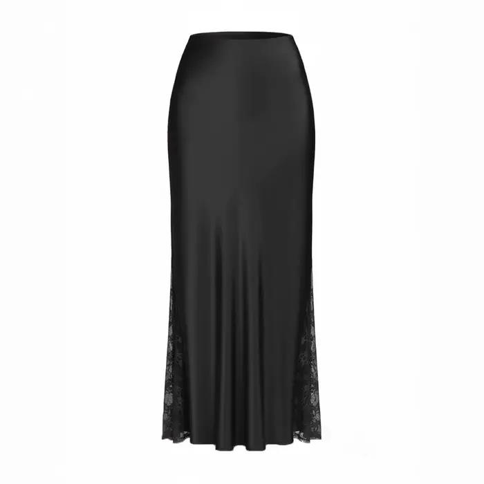Jupe longue évasée taille haute élastique avec dentelle latérale pour femme