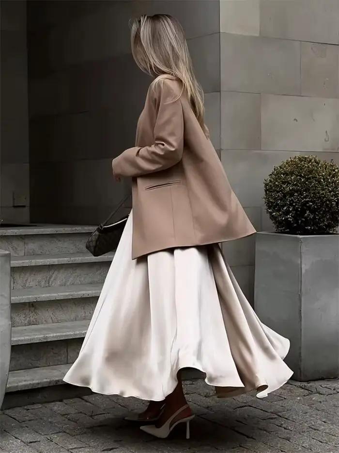 Jupe longue en satin pour femmes, élégante, ample, taille haute, maxi, streetwear, classique, mode féminine, sortie nocturne, rentrée scolaire