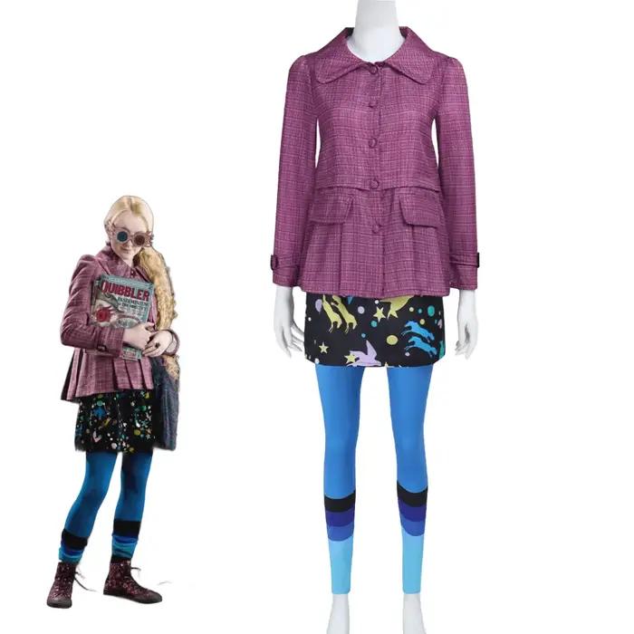 Déguisement Luna Lovegood Complet Costume "Loufoca" Veste Rose Jupe Imprimée Legging Bleu Tenue Halloween pour Femmes