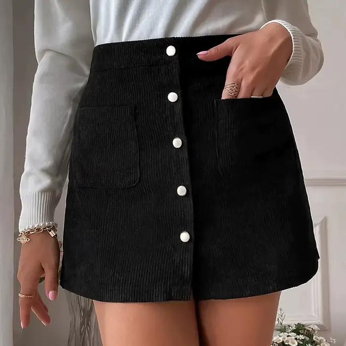 Vintage marron velours côtelé jupes pour femmes simple boutonnage coupe ajustée Mini jupe femme automne hiver coréen