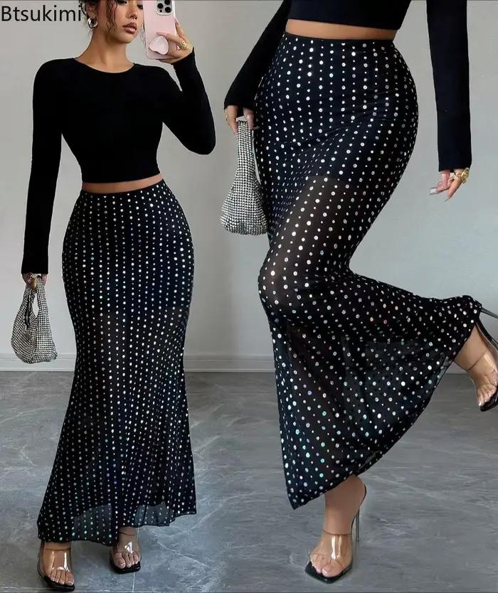 Nouvelles jupes moulantes en tulle double couche à paillettes noires pour femmes