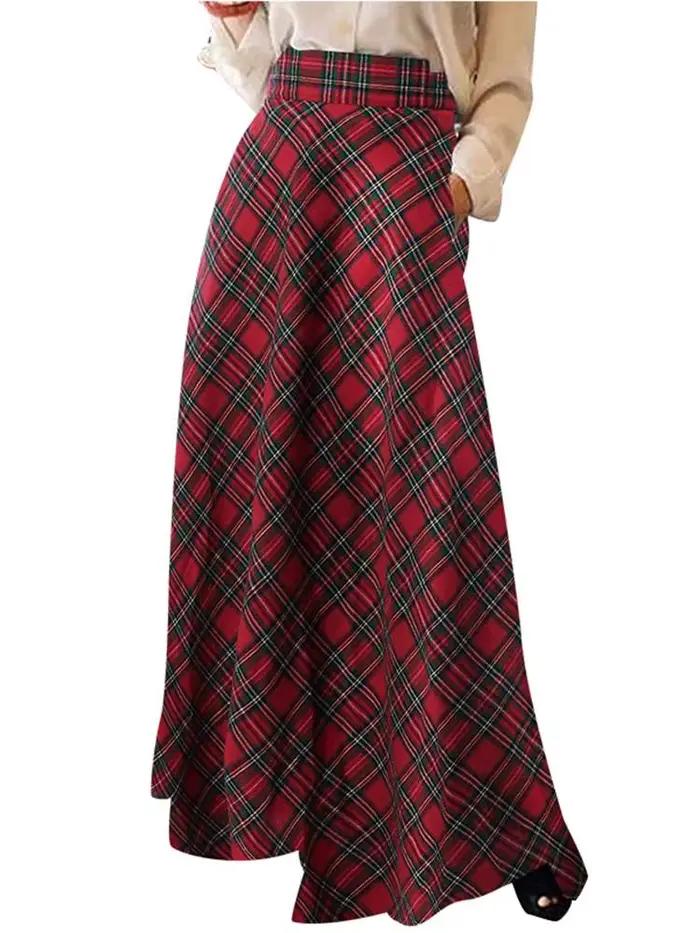Jupe longue à carreaux pour femmes, Robe d'été décontractée, Taille haute, A-ligne, Vintage, Maxi, Automne, Mode, Polyester, Style décontracté, Vintage, Occasions spéciales