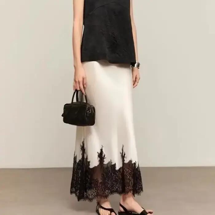 Jupe mi-longue à garniture en dentelle féerique élégante pour femmes occasion festive et quotidienne printemps été