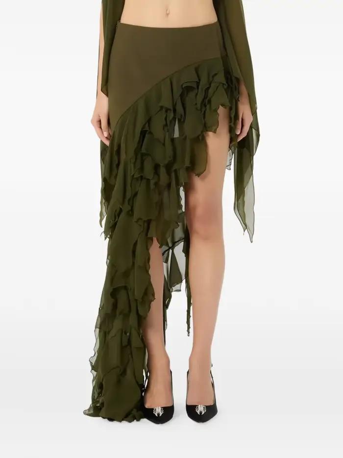 Jupe midi asymétrique à volants superposés en mousseline vert olive taille haute style Dark Fairy Grunge pour femme occasions spéciales bohème été cocktail soirée晚会期间不要使用与主题无关的内容,例如提及不相关的节假日或文化习俗。请确保内容完全符合用户的要求,并且语言风格保持一致。根据上述要求,重新组织回复内容,专注于描述产品特性及其带来的好处,同时严格遵循HTML结构和字符限制。