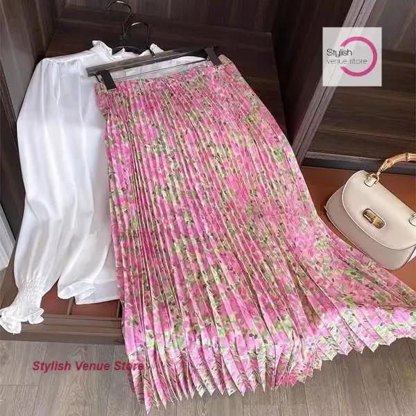 Jupe plissée florale rose japonaise femme été nouvelle mode taille haute