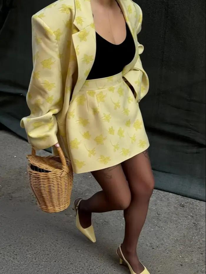 Ensemble décontracté jupe et blazer imprimé pour femme – Manteau élégant à revers et boutons