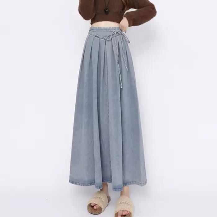 Corset à lacets Midi jupes longues femmes printemps été Style coréen Vintage taille haute Jean jupe a-ligne à volants