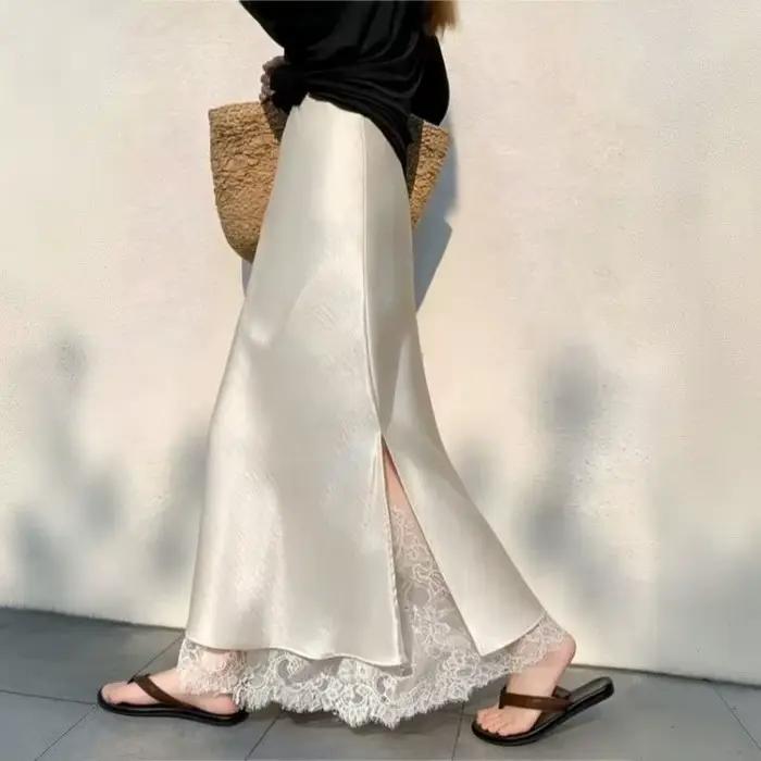 Jupe longue en satin d acétate à la mode avec empiècements en dentelle et fentes latérales pour femmes automne et occasions spéciales