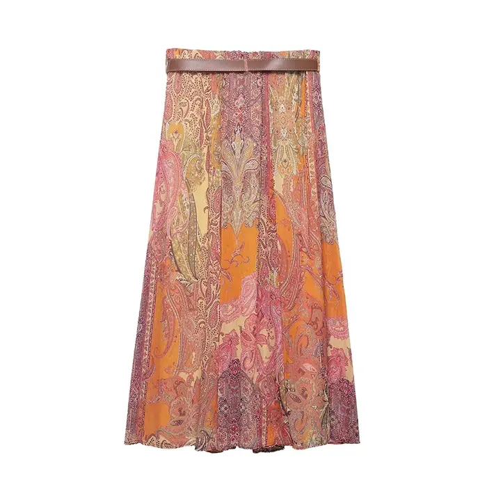 YENKYE Jupe mi-longue à imprimé cachemire pour femme avec ceinture taille haute fluide décontractée d'été style bohème