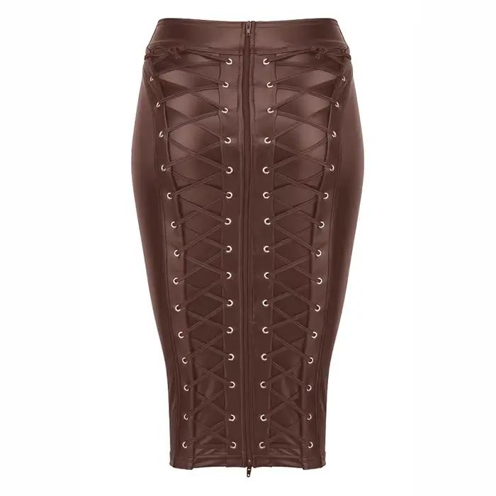 Jupe crayon zippée à lacets en cuir pour femme, robe Steampunk