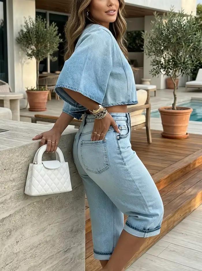 Jean large taille haute délavé bleu clair style vintage pour femme Bonboho – Collection été 2026 – Tenue de vacances en denim