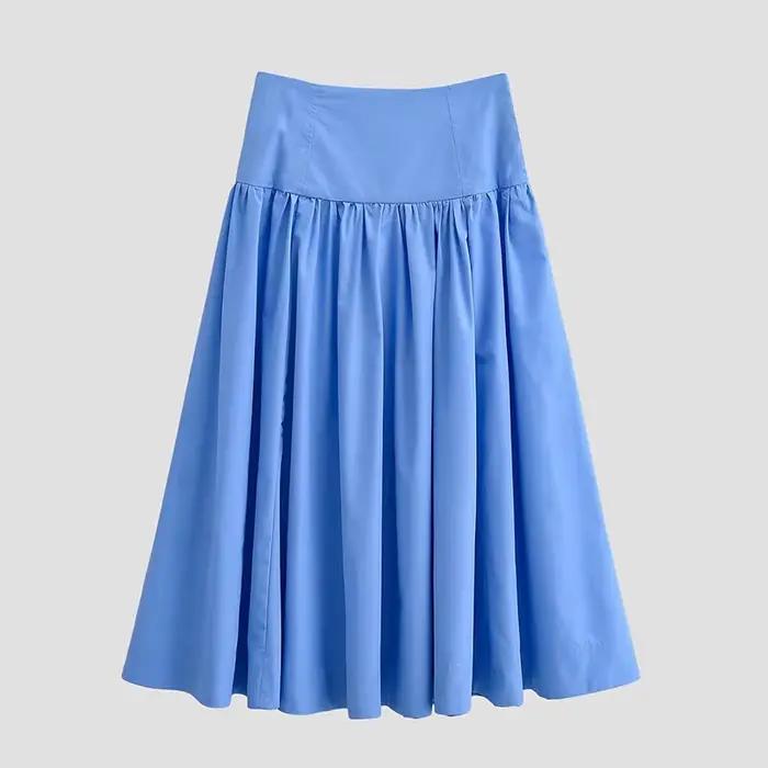 YENKYE Nouvelle jupe plissée bleue taille haute évasée pour femme
