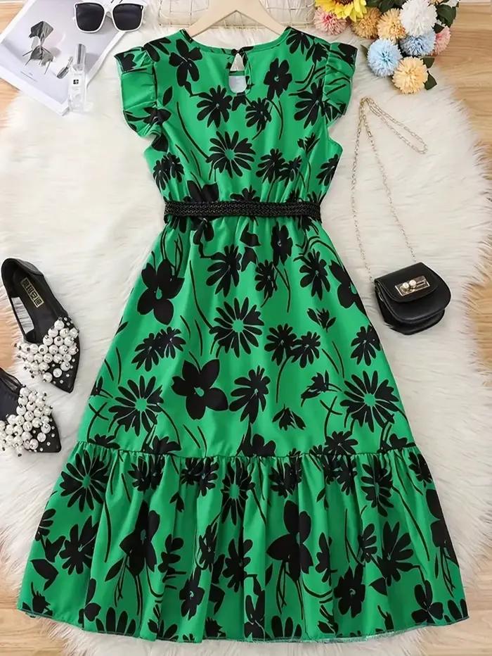 Jupe longue verte à fleurs chic pour adolescente avec ceinture - Décontractée