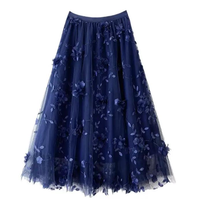 Jupe mi-longue en tulle taille haute brodée de fleurs 3D pour femmes