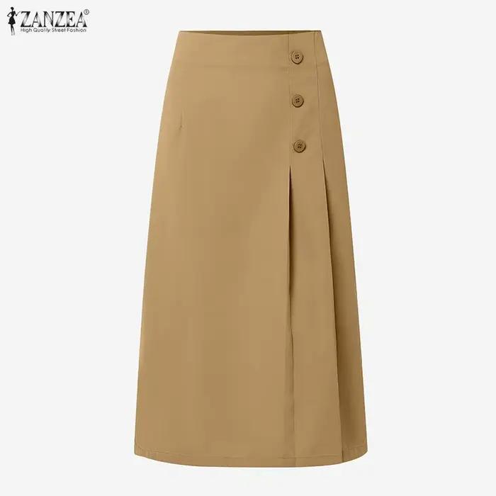 ZANZEA Jupe Midi Unie d'Été Élégante pour Femme, Taille Haute, Plissée, Style OL, pour Soirée et Travail, Grande Taille