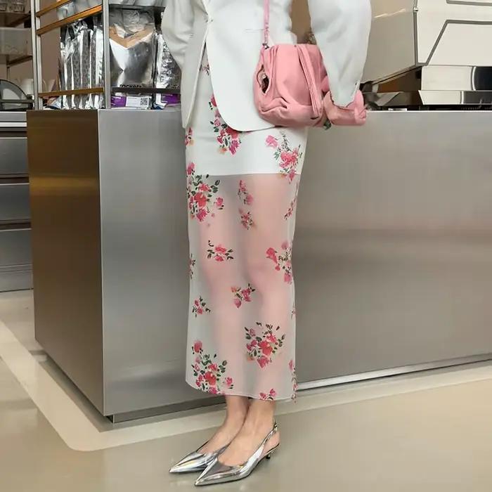 Jupe longue fendue transparente à imprimé floral Tornova pour femme