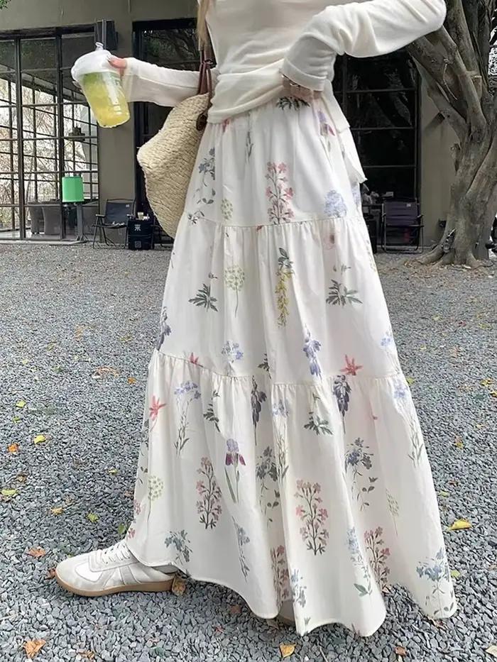 Jupes longues florales femmes douce taille haute mode élégante une ligne jupe décontracté Style Preppy français ample