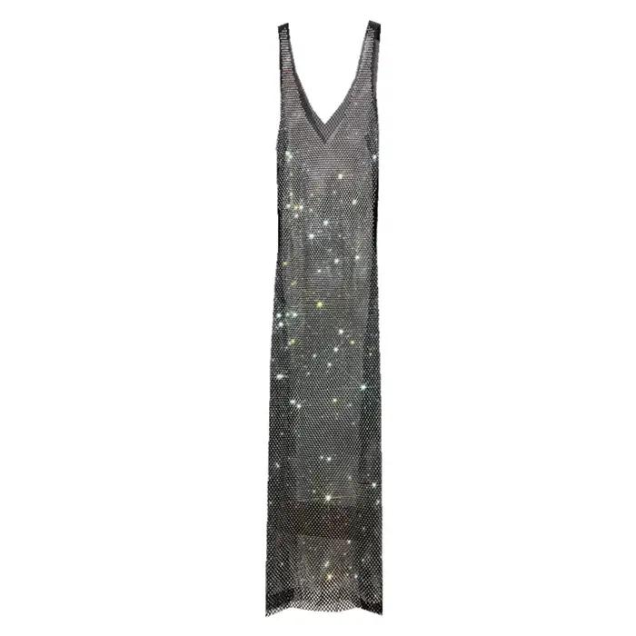 Robe de soirée à strass, décolleté en v profond, Sexy, longue maille fine et scintillante, vêtements de Club pour femmes, nouvelle collection été 2023