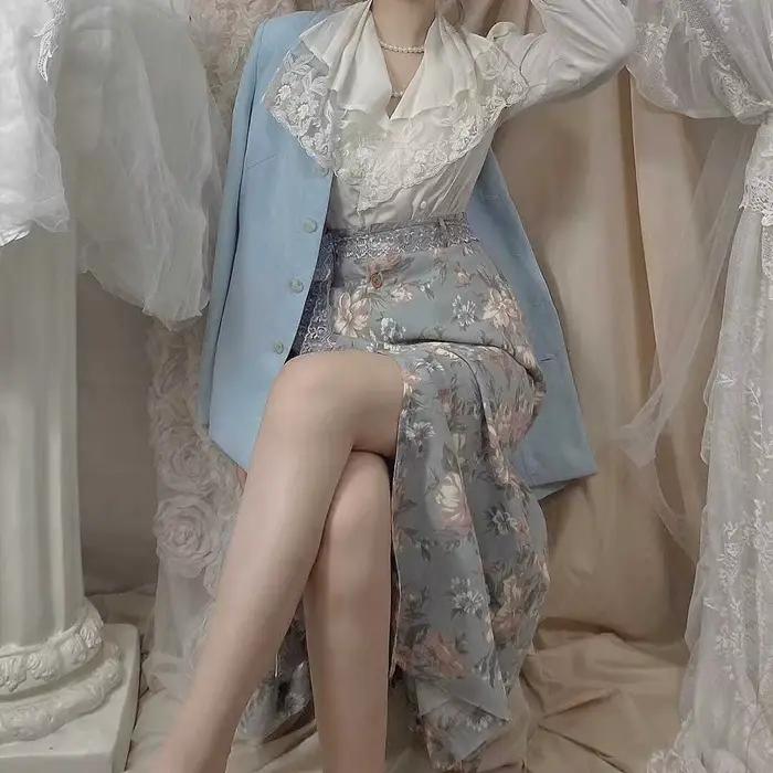 Jupe Femme Vintage Florale Y2K Taille Haute Élégante Boutonnée Décontractée Fendue Sexy Streetwear Été Nouvelle Tendance