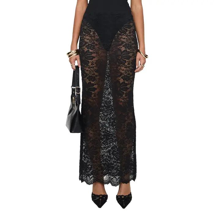 Jupe longue florale en dentelle transparente pour femmes
