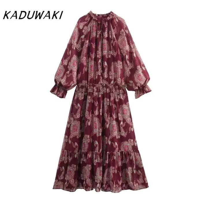 KADUWAKI femmes Robe longue mode vacances Style lanterne manches à lacets cou robes mi-longues bohème été imprimé