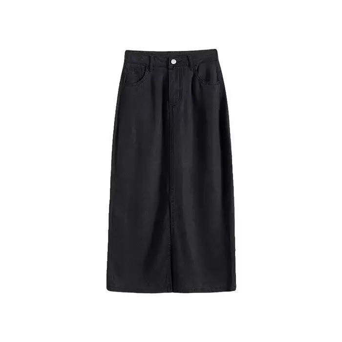 Jupe mi-longue en jean noir New Tang taille haute décontractée pour femmes été voyage style frais et élégant polyvalent occasions spéciales