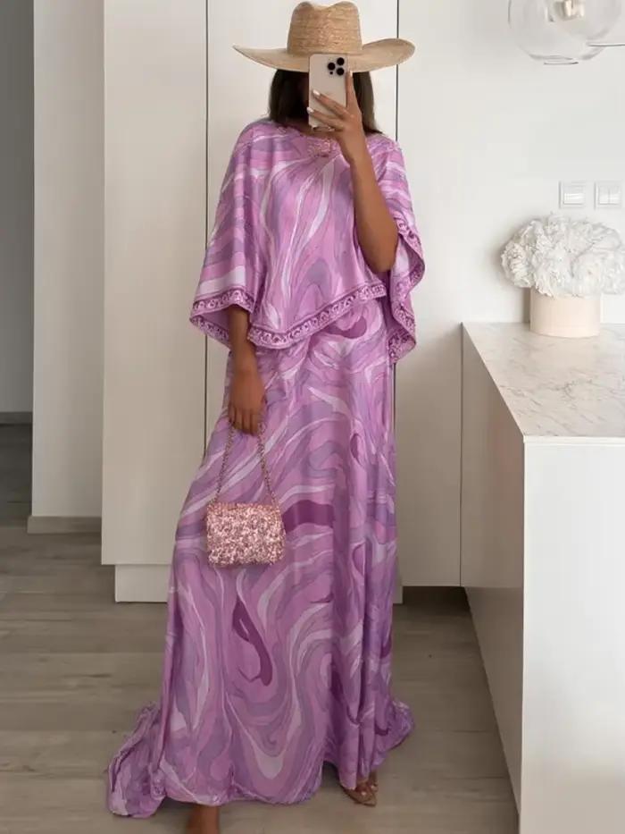 Bohème imprimé chemise jupe costumes femmes Vintage irrégulière à manches longues haut femme ensembles taille haute