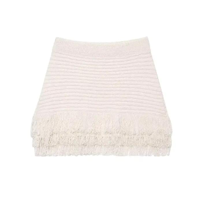 Femmes tricot gland jupe ensembles évider revers demi manches haut + plissé Mini jupes costume 2025 été dame 2 pièces ensemble tenues