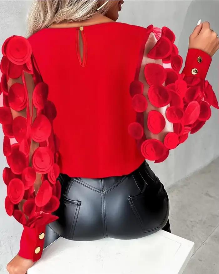 2025 chemise femme manches longues automne printemps mode col rond dentelle pétale manches Blouse vêtements
