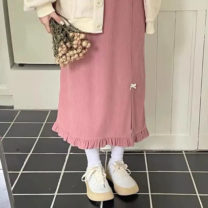 Jupe Estceque Rose Ample Fendue Pour Femmes Junior Style Préppy Occasions Automne Hiver