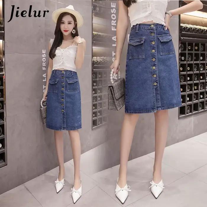 Jielur Taille Haute Denim Jupes lèvent Poches Classique Jeans Jupe pour Femmes S-5XL