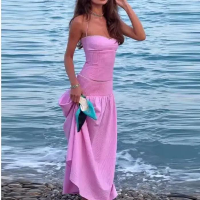 Ensemble jupe femme été rayé colorblock sexy dos nu hauts à lacets taille mi-haute